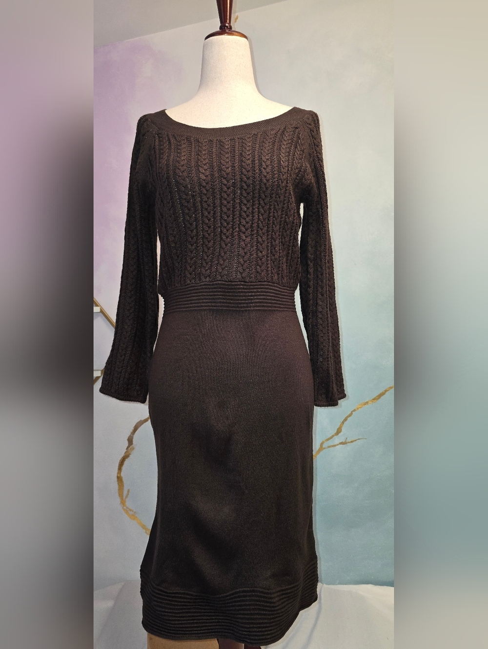 Y2k The Limited Cable Knit Crochet Ribbed Hem Brown Sweater Dress 3/4 Sleeves S